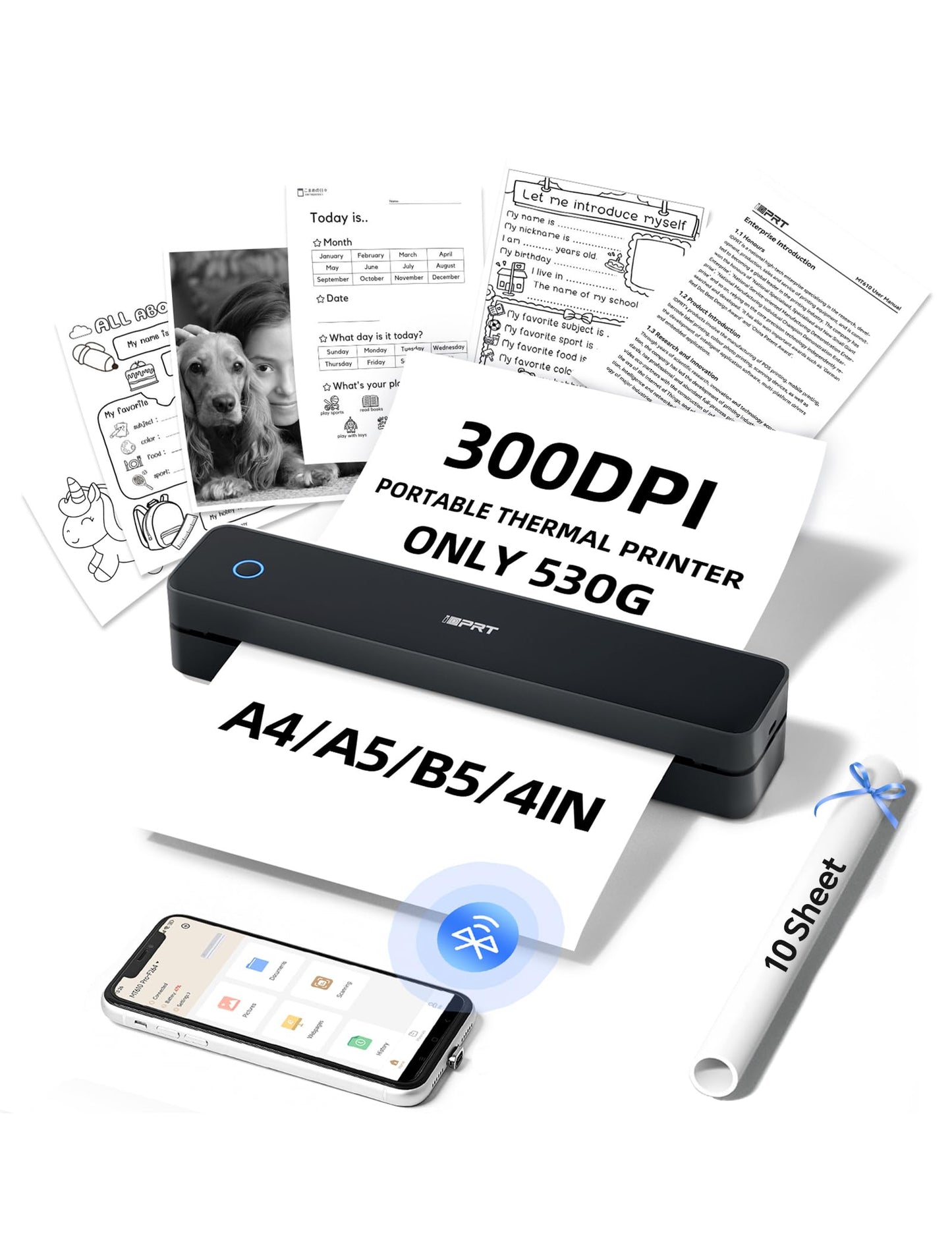 iDPRT MT610pro Portable Thermal Printer for Travel, 300DPi A4 Small Wireless Printer for Office, Homework, Study, Notes with 300DPI Density, Compatible with iOS, Android, Tablet & Laptop- Black