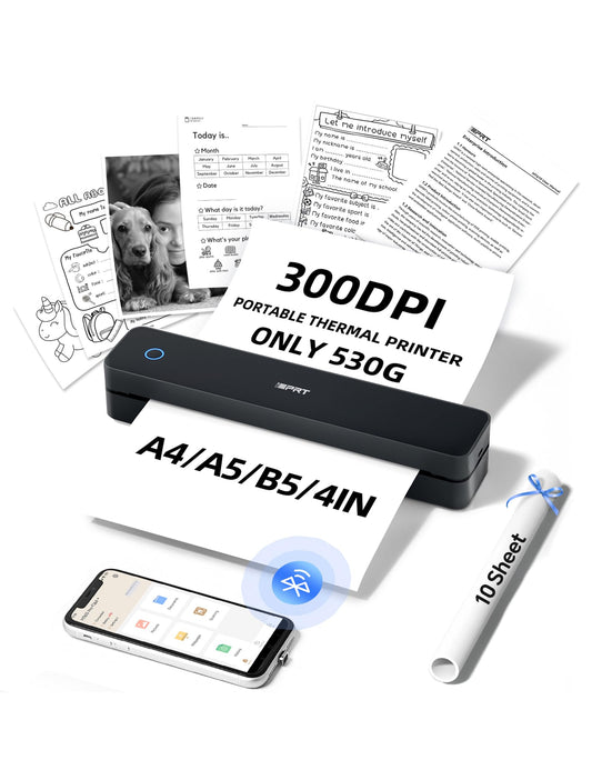 iDPRT MT610pro Portable Thermal Printer for Travel, 300DPi A4 Small Wireless Printer for Office, Homework, Study, Notes with 300DPI Density, Compatible with iOS, Android, Tablet & Laptop- Black