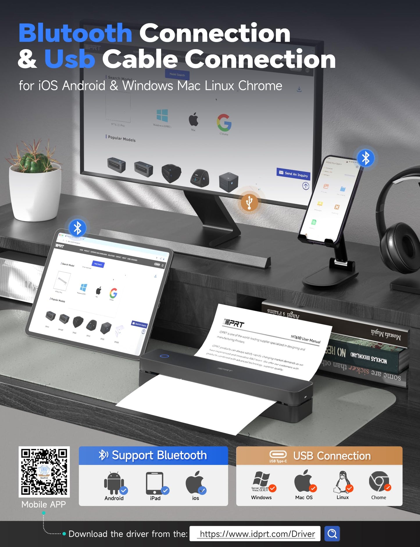 iDPRT MT610pro Portable Thermal Printer for Travel, 300DPi A4 Small Wireless Printer for Office, Homework, Study, Notes with 300DPI Density, Compatible with iOS, Android, Tablet & Laptop- Black