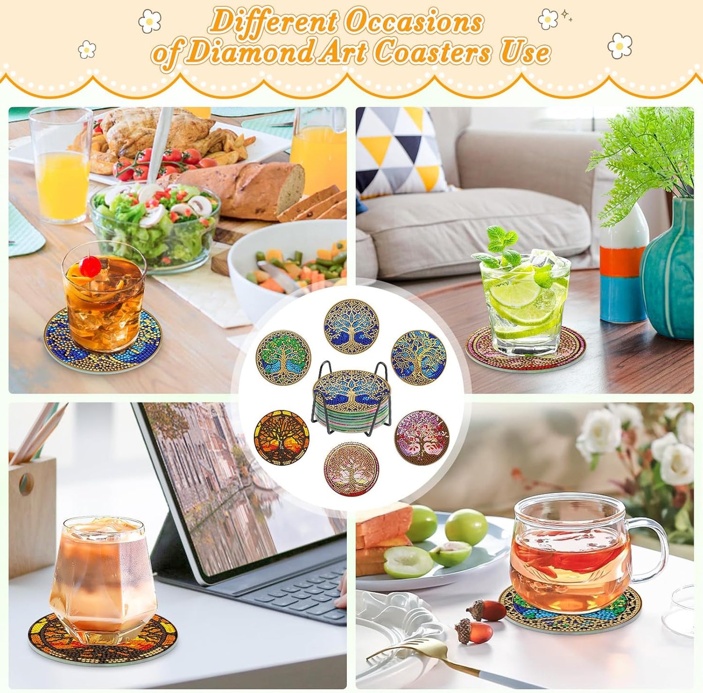 6 Pc Tree of Life Diamond Coasters Kit with Holder - 5D Art Coasters for Adults