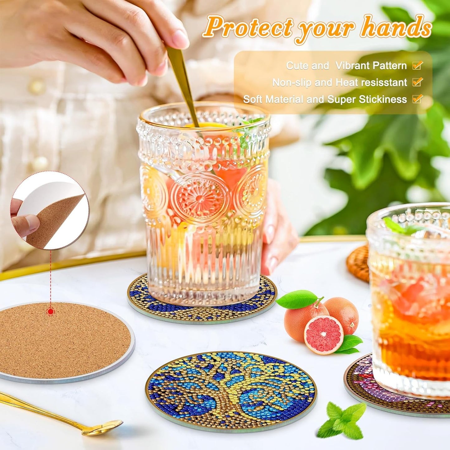 6 Pc Tree of Life Diamond Coasters Kit with Holder - 5D Art Coasters for Adults