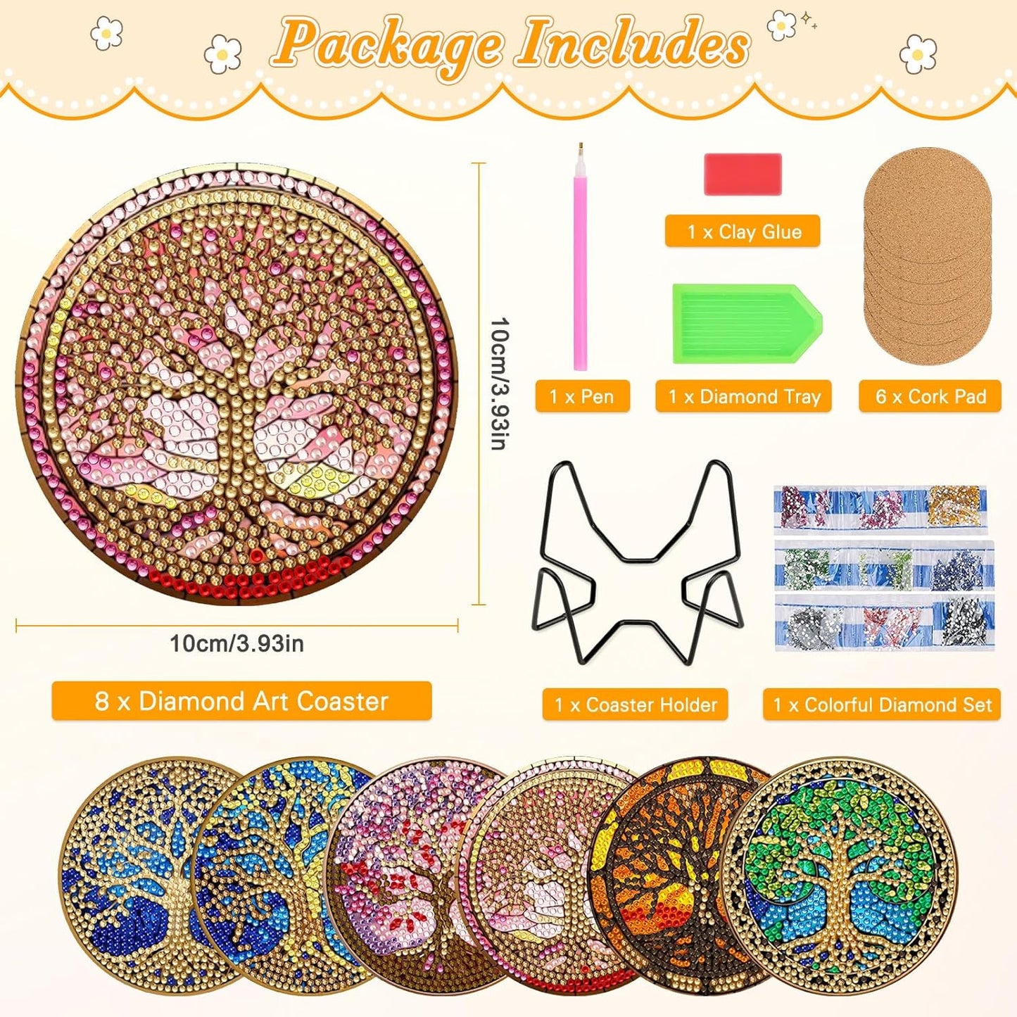 6 Pc Tree of Life Diamond Coasters Kit with Holder - 5D Art Coasters for Adults