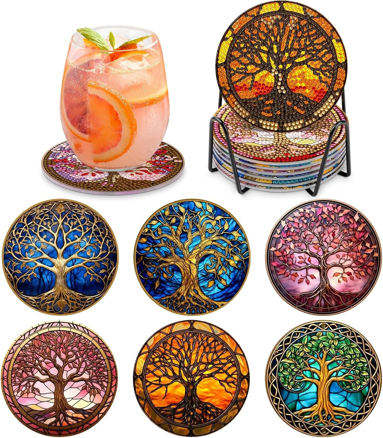 6 Pc Tree of Life Diamond Coasters Kit with Holder - 5D Art Coasters for Adults