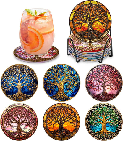 6 Pc Tree of Life Diamond Coasters Kit with Holder - 5D Art Coasters for Adults