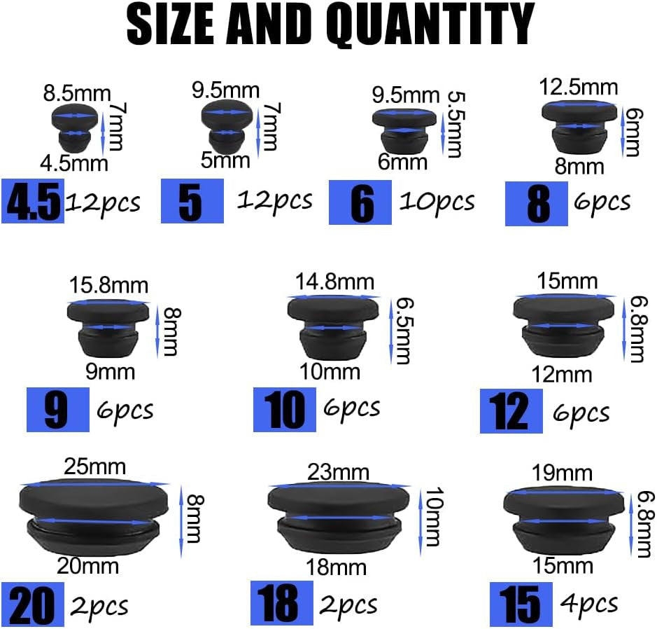 66 Pcs 10 Sizes Black Silicone Hole Plugs, Plastic Hole Plugs Set, Hole Seal Cov